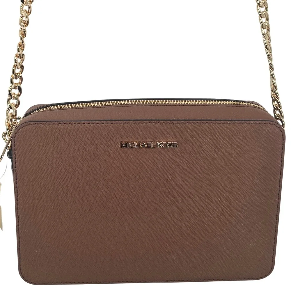 Michael Kors Jet Set Large East West Crossbody Bag Brown Saffiano Leather Gold